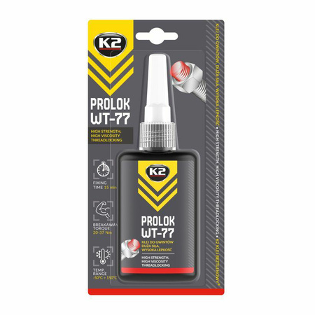 K2 PROLOK WT-77 GWINTY DUŻA SIŁA 50G KLEJ CZERWONY, 230° C, M35,37N/M PROLOK WT-77 KLEJ ANAEROBOWY D