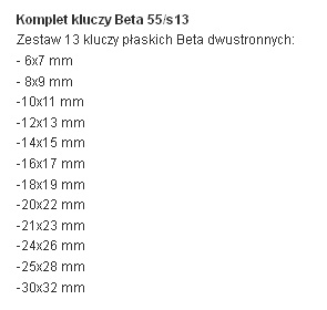 BETA KLUCZE PŁASKIE KOMPLET 13szt 6-32mm