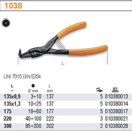 BETA SZCZYPCE DO PIERŚCIENI ZABEZPIECZAJĄCYCH ZEWNĘTRZNYCH, ODGIĘTE O 90° 135mm 1038 135 x 1,3mm