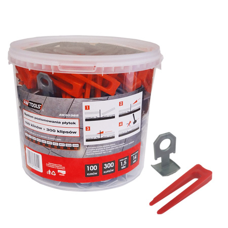 AWTOOLS SYSTEM POZIOMOWANIA PŁYTEK STANDARD 1,5mm - 7-15mm - KLIPS 300szt. + KLIN 100szt.