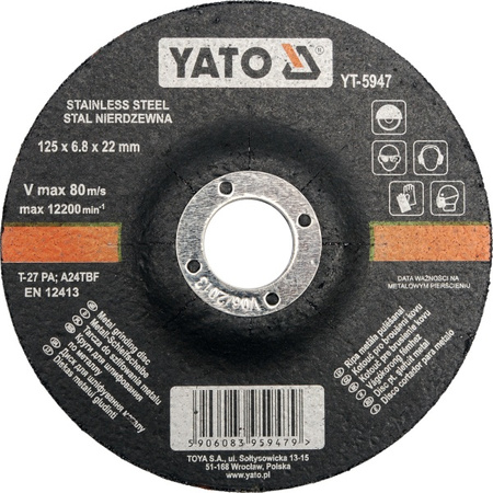 YATO TARCZA DO SZLIFOWANIA METALU WYPUKŁA INOX 125x6,0x22mm  5947