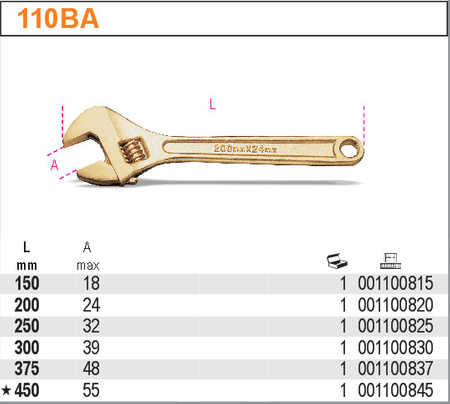 BETA KLUCZ PŁASKI NASTAWNY NIEISKRZĄCY, ZE STOPU MIEDZI I BERYLU Y 375mm 110BA/375