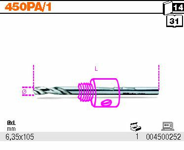 BETA WIERTŁO PROWADZĄCE DO UCHWYTU 450AL/1, MODEL450PA/1, 6,35X105MM