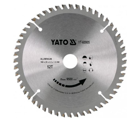 YATO PIŁA TARCZOWA DO ALUMINIUM 160 x 20mm 52-ZĘBY  60905