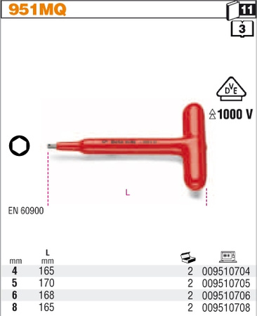 BETA KLUCZ TRZPIENIOWY TYPU T, SZEŚCIOKĄTNY, W IZOLACJI DO 1000V 4mm