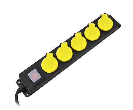AWTOOLS PRZEDŁUŻACZ WARSZTATOWY CZARNY 5 GNIAZD 5,0m Z UZIEMIENIEM, WYŁĄCZNIK IP44 3x1,5mm