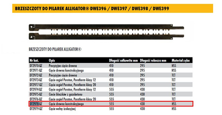 DEWALT BRZESZCZOT DO ALIGATORA, DO DREWNA HSS 430mm KOMPLET, DO DWE396, DWE397, DWE 398 ,DWE399