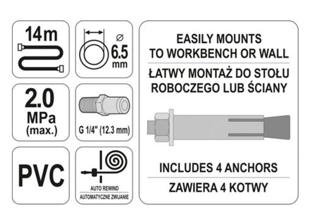 YATO PRZEWÓD / WĄŻ PNEUMATYCZNY NA ZWIJAKU 14m x 6,5mm