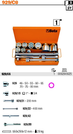 BETA ZESTAW 8 NASADEK SZEŚCIOKĄTNYCH Z AKCESORIAMI 13szt. 1"