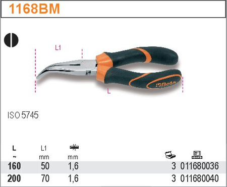 BETA SZCZYPCE PÓŁOKRĄGŁE ODGIĘTE O 45°, RĘKOJEŚCI Z KOMPOZYTU DWUMATERIAŁOWEGO 160mm 1168BM/160