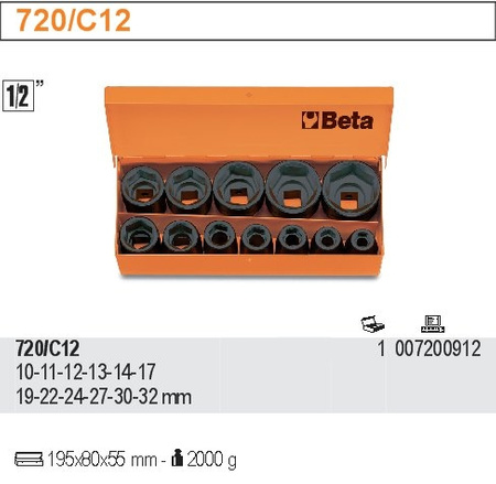 BETA NASADKI UDAROWE 1/2" W PUDEŁKU METALOWYM 12 elem. 720-C12