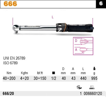 BETA KLUCZ DYNAMOMETRYCZNY KLIKOWY Z DWUKIERUNKOWYM MECHANIZMEM  ZAPADKOWYM 1/2" 40-200 Nm