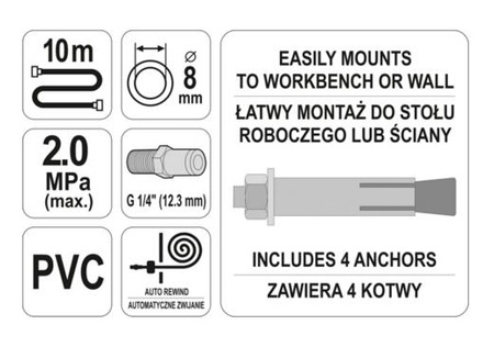 YATO PRZEWÓD / WĄŻ PNEUMATYCZNY NA ZWIJAKU 10m x 8mm
